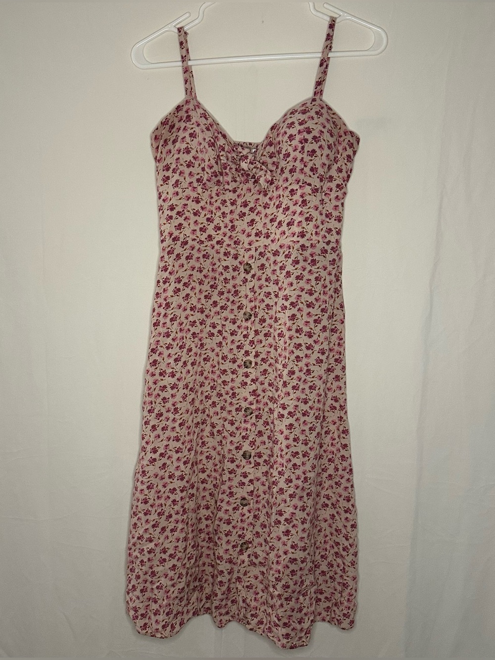 Romantic Coquette Floral Pink Spaghetti Strap Midi Dress A Line button hem Large